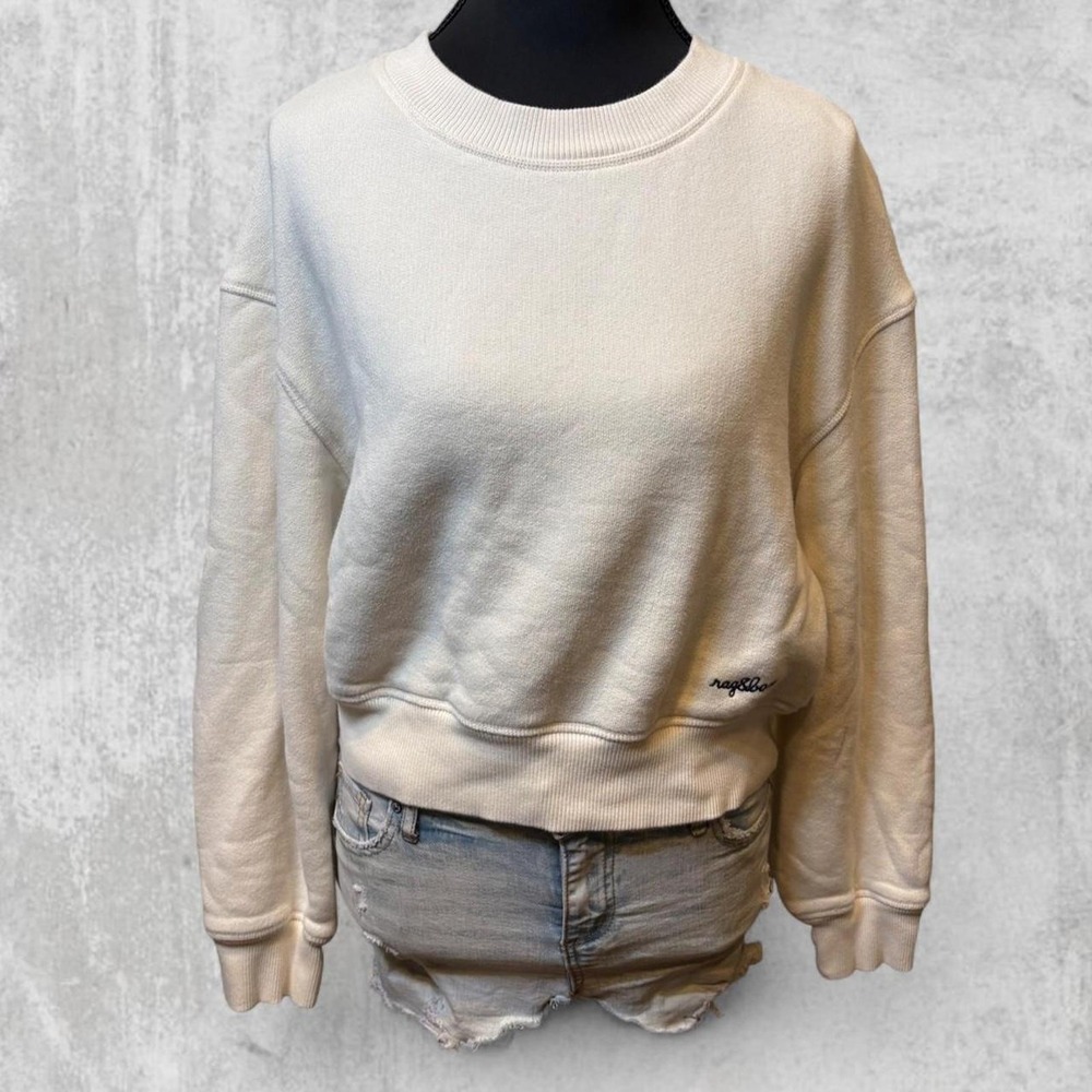 Rag & Bone New York Womens Off White Cropped Sweatshirt Crew Neck Small Logo